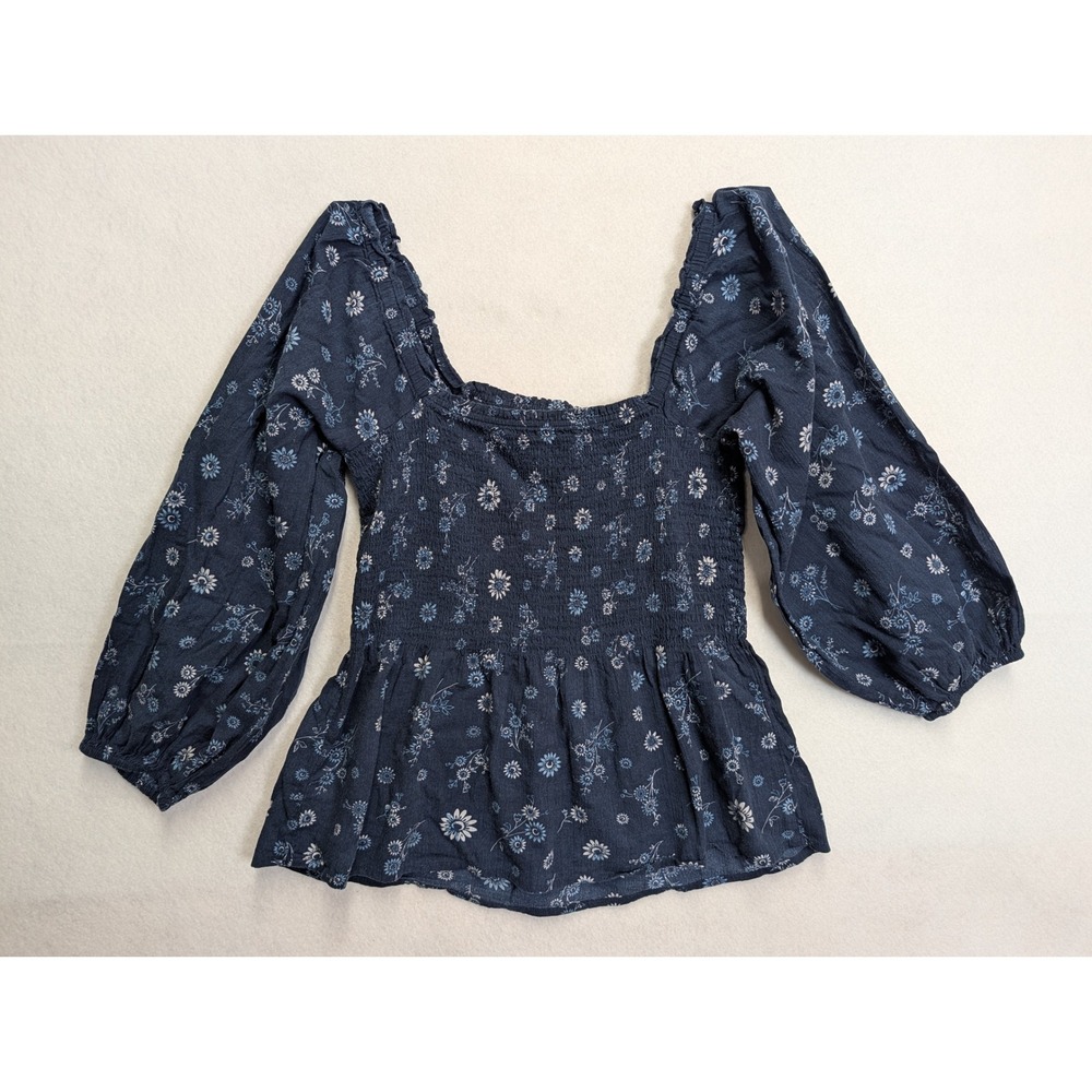 Madewell Womens Smocked Peplum Top Size 0 Floral Long Sleeve Navy Blue - Picture 2 of 9